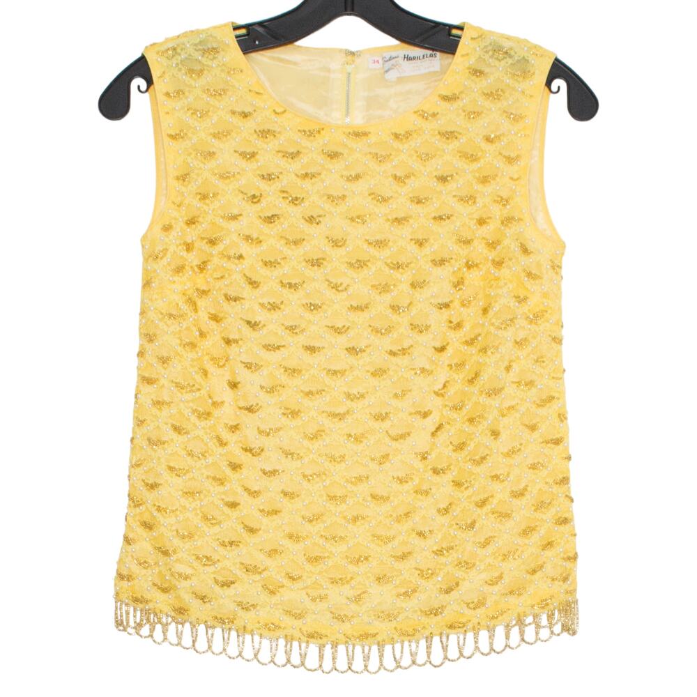 Vintage Tank Top Beaded Lace Mod 60s 70s Cocktail Embellished Retro Yellow 34 2